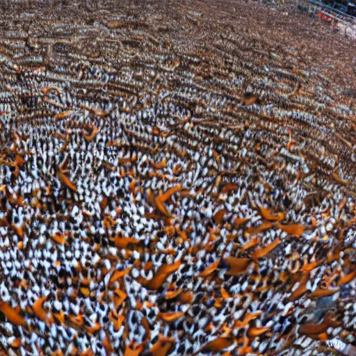 Prompt: thousands of foxes in world's largest cuddle pile, drone panorama
