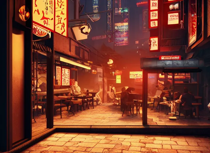 Image similar to through a window, a small cozy ramen restaurant in a busy thriving cyberpunk street at night, trending on cgsociety, unreal engine, 4 k wallpaper