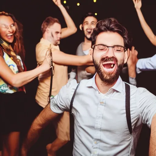 Prompt: a beautiful human man with 4 arms dancing around at a party, photo realistic, high - quality