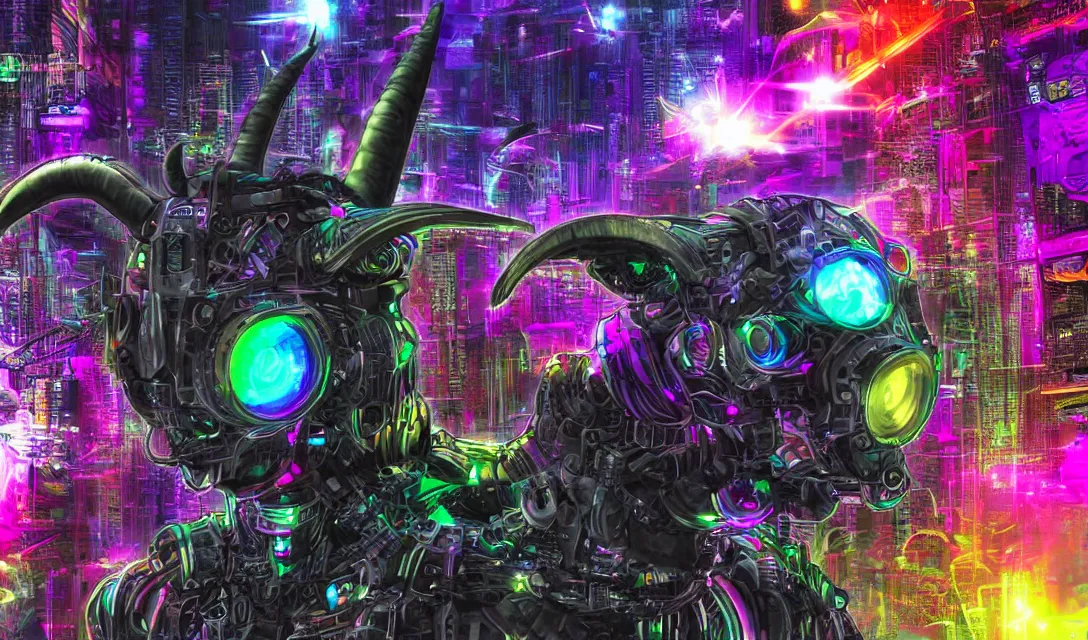 Image similar to complex cyberpunk machine background merged with evil cybernetic goat head in center focus, multicolored digital art