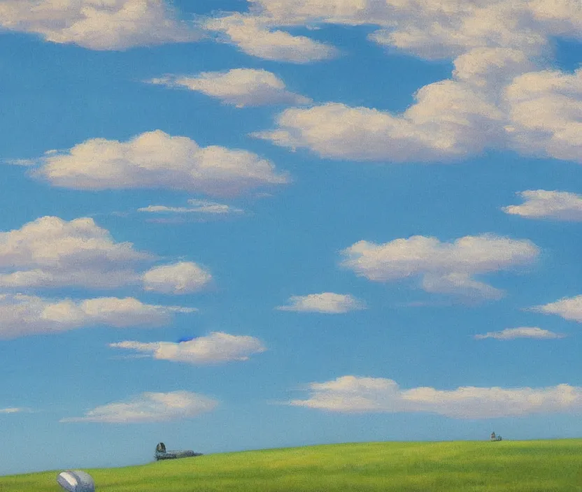 Image similar to a very detailed painting of a spaceship on a field, baby blue sky with very aesthetic clouds, in the style of edward hopper and huggo pondz, very fine brushstrokes, 4 k,