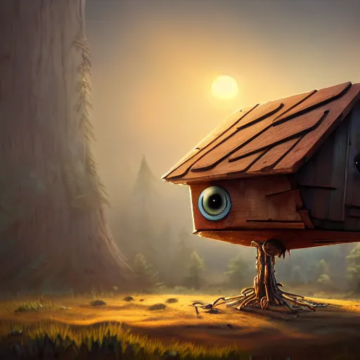 Image similar to a walking wood and metal house with two legs and two big eyes, rust, hyperrealistic, highly detailed, cinematic, single ray of sun, morning, pareidolia, gravity falls style, beautiful, cgssociety, artstation, 8 k, oil painting, digital art