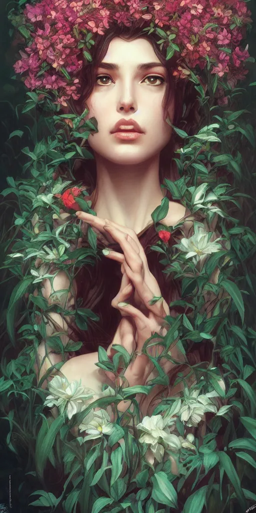 Image similar to surreal beautiful young woman, sitting with flowers, detailed gorgeous face turning into a tree, leaves, dark, ominous, sad eyes, vaporwave aesthetic, synthwave , digital painting, artstation, concept art, smooth, sharp focus, illustration, art by artgerm and greg rutkowski and alphonse mucha