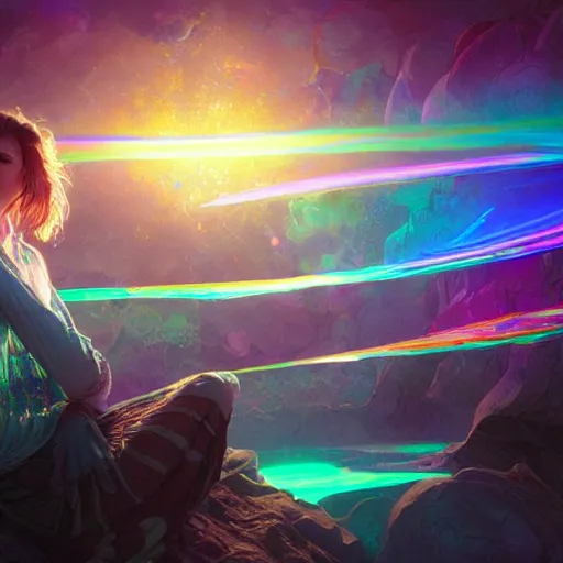 Prompt: color light waves, color spectrums refraction, light through glass, cinematic lighting, highly detailed, trending art station, concept art, Unreal Engine 5, Photorealism, 8k resolution, cinema 4d, beautiful, art by artgerm and greg rutkowski and alphonse mucha and loish and WLOP