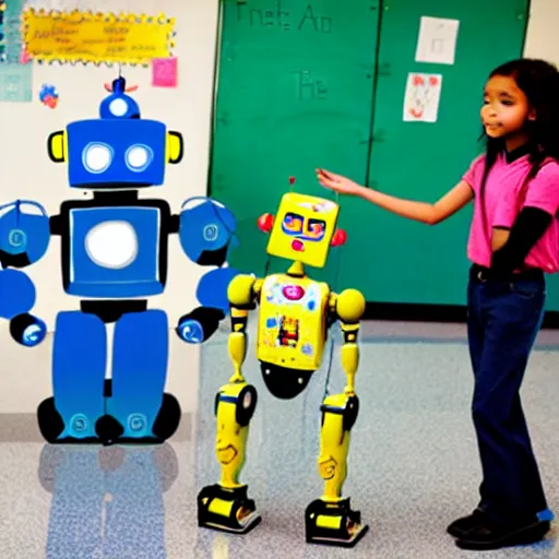 Image similar to a robot teaching kids in an elementary school, national geographic photography, 3 d