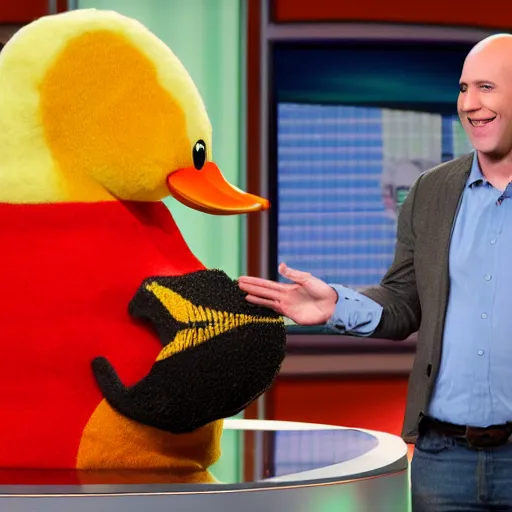 Image similar to tv show bald contestant with giant ears winning a duck on tv show wheel or no wheel