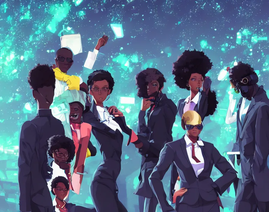 Image similar to afro - futuristic professionals, business attire and confidence, hacking the multiverse of possibilities | hyperrealistic digital art | by makoto shinkai, ilya kuvshinov, lois van baarle, rossdraws | afrofuturism, in the style of boondocks, trending on artstation | dark color scheme