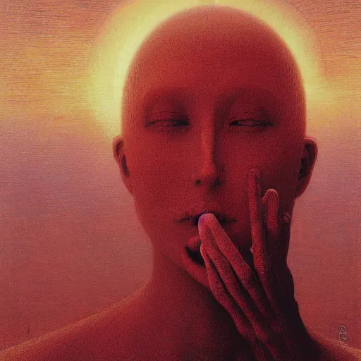 Image similar to Woman masterpiece, red, golden halo behind her head, by Edgar Maxence and Ross Tran, Zdzisław Beksiński, and Michael Whelan, distant, gustav dore, H.R. Giger, 8k, octane render