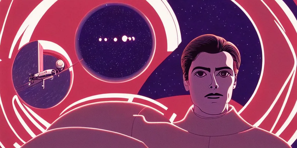 Prompt: a symmetrical portrait of lonely single Alain Delon alone pilot in posing in spaceship station planet captain bridge outer worlds extraterrestrial hyper contrast well drawn in FANTASTIC PLANET La planète sauvage animation by René Laloux