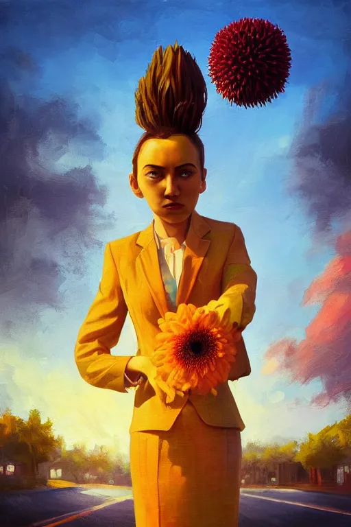 Image similar to closeup giant dahlia flower head, frontal, girl in a suit, standing in street, surreal photography, sunrise, dramatic light, impressionist painting, digital painting, artstation, simon stalenhag