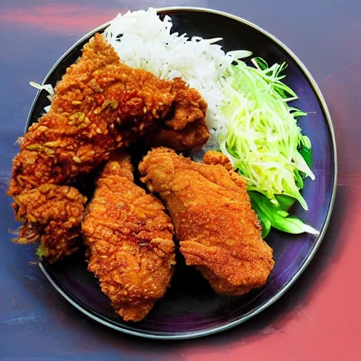 Image similar to fried chicken, sticky rice, papaya salad, thai street food, advertisement, banner “