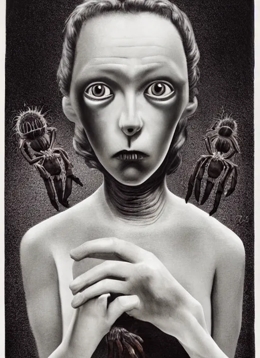 Image similar to surreal portrait of a creature with the body of a 1950's school-girl and whose head is a tarantula, inspired by Mark Ryden and Marion Peck, hints of Cronenberg