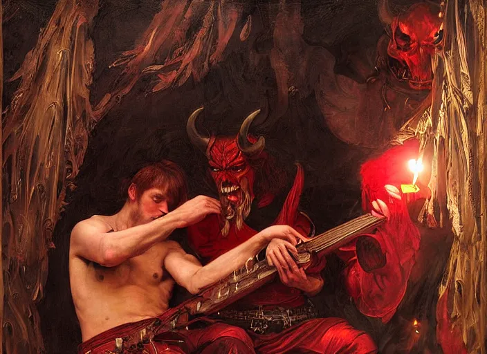 Image similar to a devil with red skin and horns. the red devil is bard playing lute. edgar maxence and caravaggio and michael whelan and delacroix style, artistic, intricate painting, cinematic lighting, hyper realistic, extremely detailed, vivid colors, establishing shot, dramatic lighting