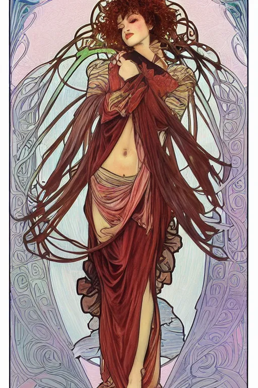 Image similar to Female angelic Fae in the style of Ayami Kojima and Alphonse Mucha