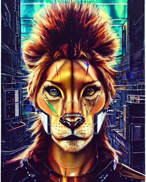 Image similar to a portrait of an anthropomorphic cyberpunk lioness by sandra chevrier, by jon foster, detailed render, tape deck, epic composition, cybernetics, 4 k realistic, cryengine, realistic shaded lighting, sharp focus, masterpiece, by enki bilal