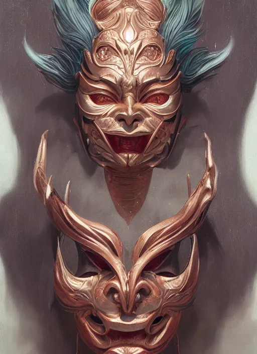 Prompt: a beautiful detailed oil on copper art illustration of a japanese saru mask devil woman, centered, by charlie bowater, zeng fanzh, trending on artstation, dim dusk lighting, cinematic lighting, detailed lighting, volumetric lighting, realistic, f 8, 4 k hd wallpaper