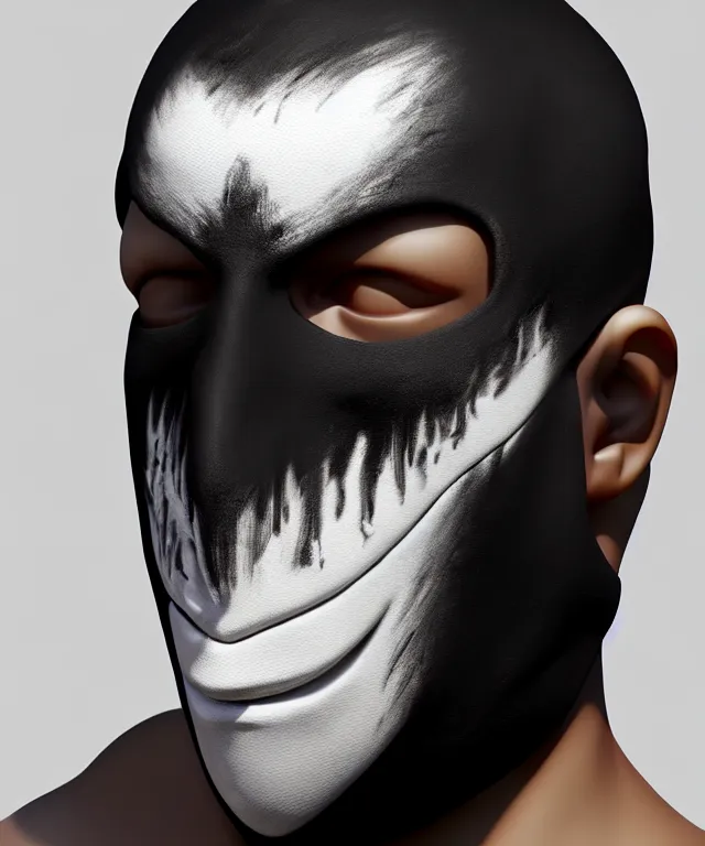 Image similar to white man with black fabric mask, short dark hair, highly detailed face!!!, true anatomy!, extremely detailed!, digital painting, unreal engine 5, art by alberto mielgo