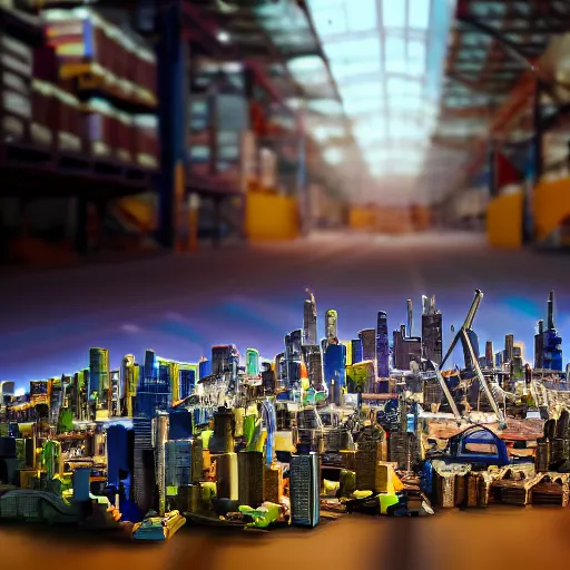 Image similar to large group people in open warehouse, looking at hologram of futuristic city on a table, cinematic still, godrays, golden hour, natural sunlight, 4 k, clear details, tabletop model buildings, tabletop model, ethereal hologram center, crane shot, crane shot, crane shot