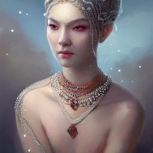 Image similar to a beautiful portrait of a pearl goddess with glittering skin, a detailed painting by greg rutkowski and raymond swanland, featured on cgsociety, fantasy art, detailed painting, artstation hd, photorealistic