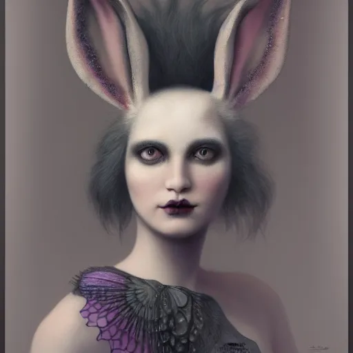 Image similar to tom bagshaw, soft painting fractal curiosities carnival, very beautiful female rabbit hybrid in full ornated nightshade gothic dress, partial symmetry accurate features, focus, very intricate ultrafine details, black white purple volumetric clouds, award winning masterpiece, octane render 8 k hd