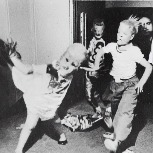 Prompt: a 1960 photo of a poltergeist attack family