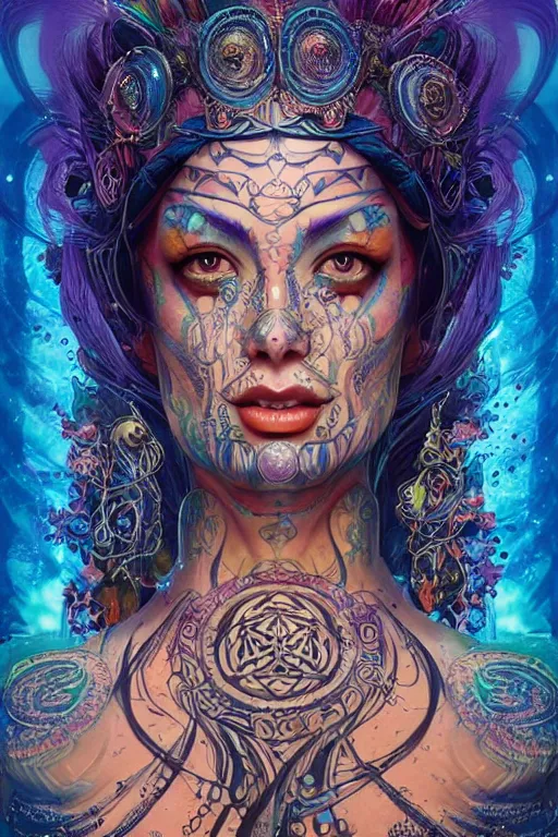 Image similar to a centered full body render of an alluring festival hippy with tribal tattoos surrounded by a underwater ink pour and flowing liquid gallium and sacred geometry, perfect body and face, gorgeous, cinematic, beautifully lit, by artgerm, by karol bak, by donato giancola, 3 d, trending on artstation, octane render, 8 k