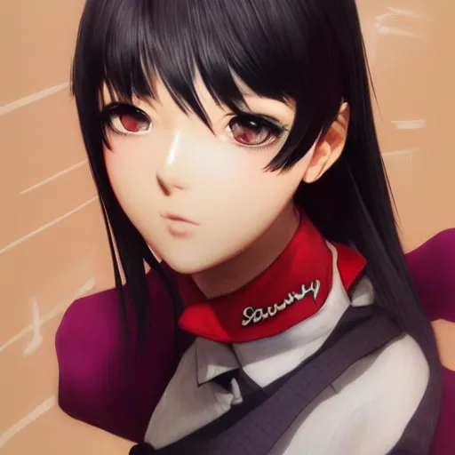 Image similar to luxury advertisement, astonishing portrait of a very beautiful anime schoolgirl with black bob hair, full perfect face, she is dancing. Realistic, highly detailed background, artstation, 120 degree view, drawn by Sasoura, Satchely and Akihiko Yoshida, no distortion