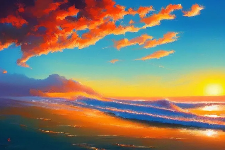 Image similar to a beautiful nature landscape with abstract beautiful clouds, ocean waves, sunset, by rhads