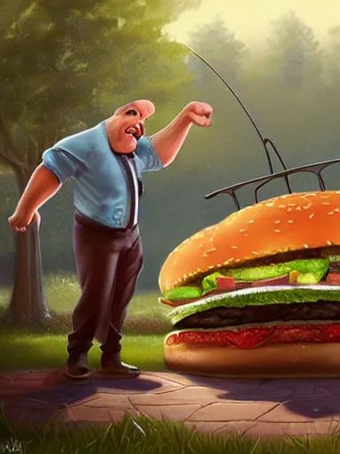 Image similar to a happy middle aged man fliping burgers in the grill on the lawn. intricate, elegant, highly detailed, digital painting, artstation, concept art, sharp focus, illustration, by justin gerard and artgerm, 8 k