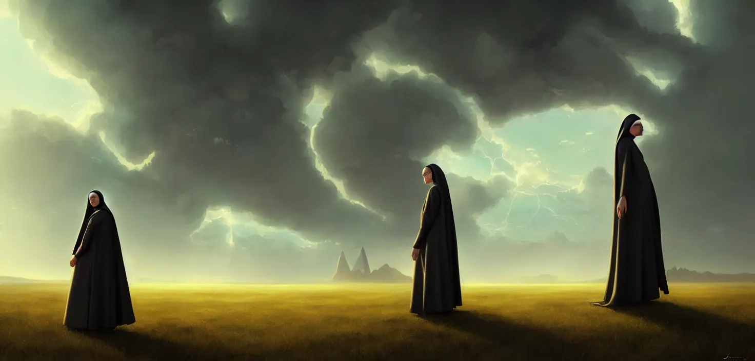 Prompt: futuristic nun woman portrait, cinematic view, epic sky, detailed, concept art, low angle, high detail, warm lighting, volumetric, godrays, vivid, beautiful, trending on artstation, by jordan grimmer, huge scene, grass, art greg rutkowski