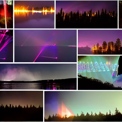 Prompt: collage, lasers and smoke over a lake in the nightime