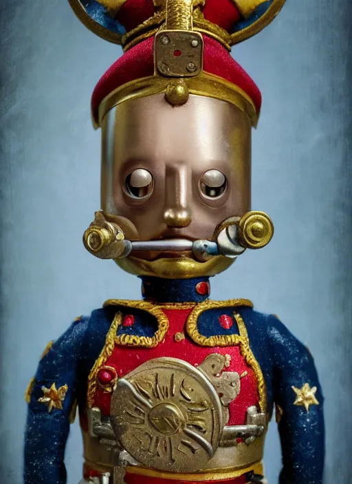 Prompt: closeup portrait of tin toy napoleon bonaparte, depth of field, zeiss lens, detailed, symmetrical, centered, fashion photoshoot, by nicoletta ceccoli, mark ryden, lostfish, earl nore, hyung tae, frank frazetta, breathtaking, 8 k resolution, extremely detailed, beautiful, establishing shot, artistic, hyperrealistic, octane render