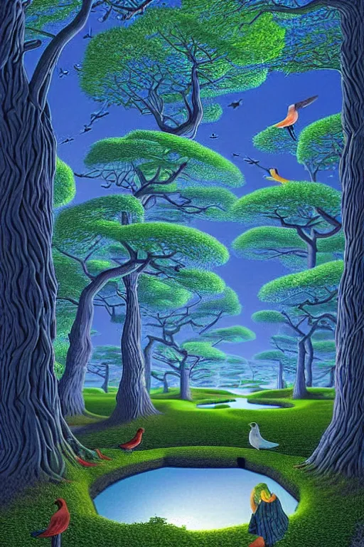 Image similar to beautiful forest with twisting fantasy tress and pond with birds, Digital Matte Illustration by rob Gonsalves