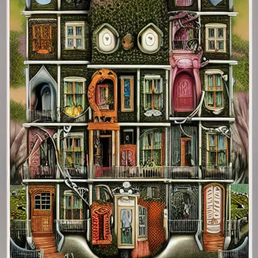 Prompt: a house with many rooms, 8k , lowbrow surrealistic, in the style of Mark Ryden,