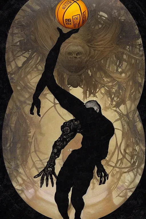 Prompt: basketball! monster!, surreal 4k HD digital full body portrait of humanoid basketball, white hair mohawk, black paper, b-ball! monster, arms and legs on spherical humanoid creature!, by Alphonse Mucha, Craig Mullins, Marc Simonetti, Artstation