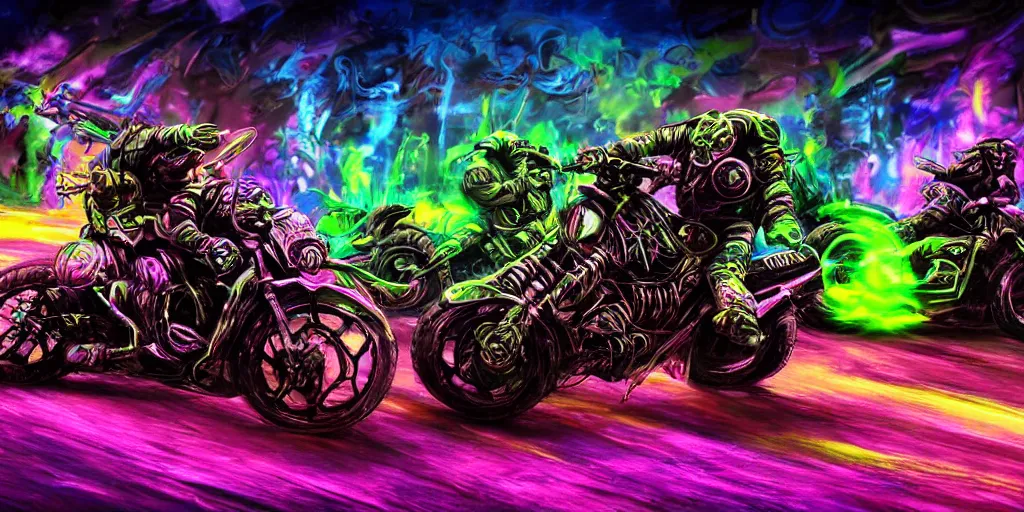 Image similar to psychedelic blacklight neon airbrush artwork, motorcycles, hyper stylized cinematic action shot of orcs in battle armor racing on motorcycles, menacing orcs, drifting, skidding, wheelie, clear focused details, soft airbrushed artwork, black background, post apocalypse, cgsociety, artstation