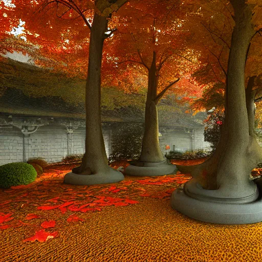 Image similar to cozy tang dynasty shrine in a maple forest during autum, red leaves, award winning fantasy concept art, high octane render, 8k resolution, high definition