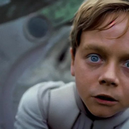 Image similar to film still of mark hamill as a kid in new star wars movie, dramatic lighting, highly detailed face, kodak film, wide angle shot,