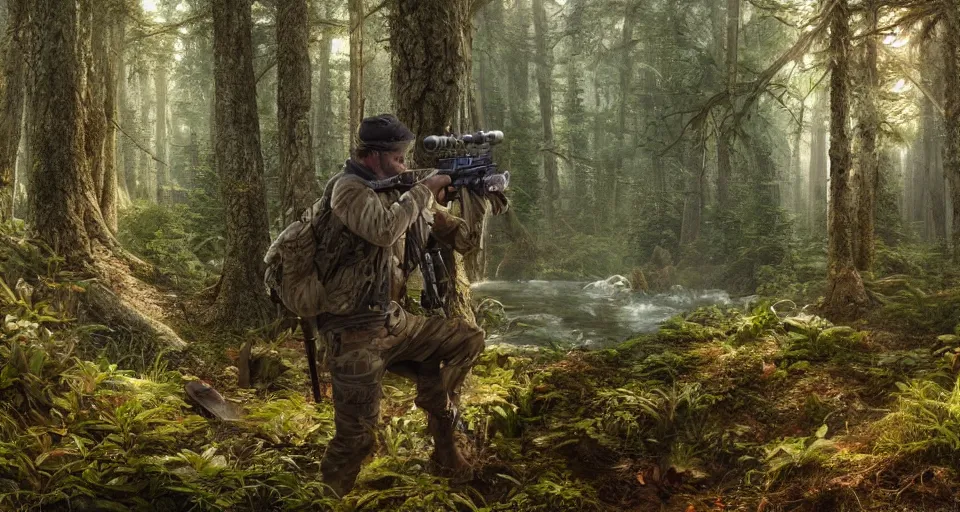 Image similar to A beautiful hyper realistic ultra detailed lifelike matte painting of a hunter in a forest aiming with his rifle, unreal engine, deviantart, flickr, artstation, octane render, textured, colorful, extreme realistic detail, physically based rendering, pbr render, very detailed, volumetric lighting, detailed lighting, octane render, 4k, cinematic lighting, 8k resolution