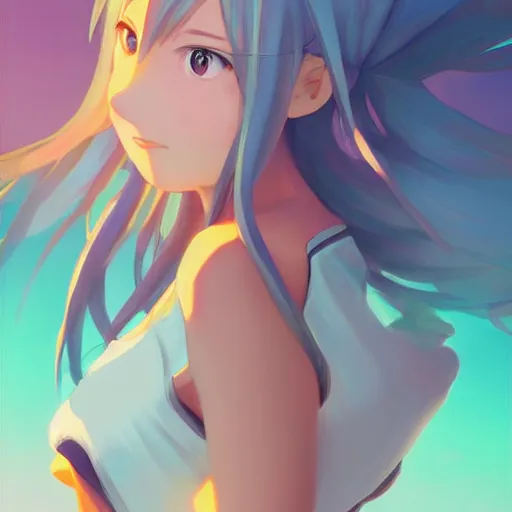 Image similar to aqua from konosuba, painting, cool color palette, refreshing, soft lighting, by hayao myazaki, by wlop