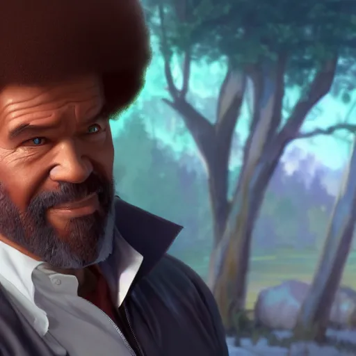 Image similar to bob ross as shaft, art by artgerm and greg rutkowski and alphonse mucha, concept art, octane render, unreal engine 5, highly detailed, high quality, 8 k, soft lighting, realistic face, path traced