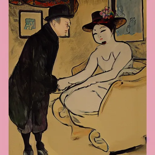 Image similar to lo yan does a pinky swear with a ghost, a henri de toulouse - lautrec electro swing aesthetic painting, local dwelling starts freezing solid in the midst of invasion