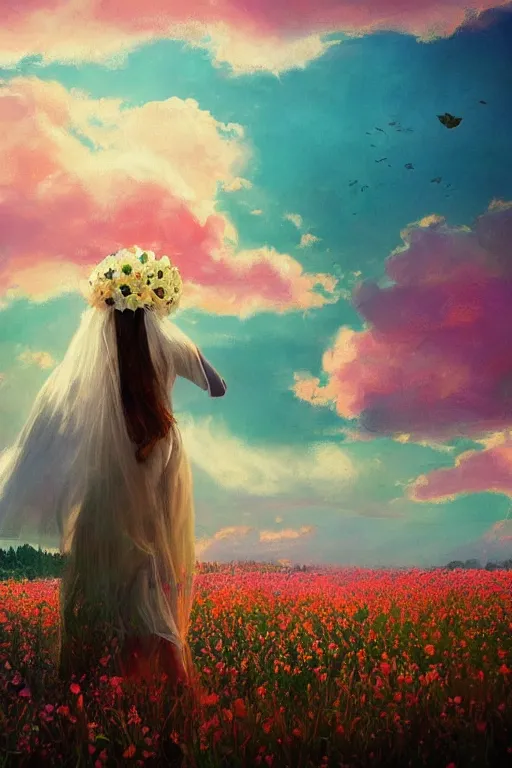 Image similar to giant white flower crown as head, veil girl walking in a flower field, surreal photography, sunrise, dramatic light, impressionist painting, colorful clouds, digital painting, artstation, simon stalenhag