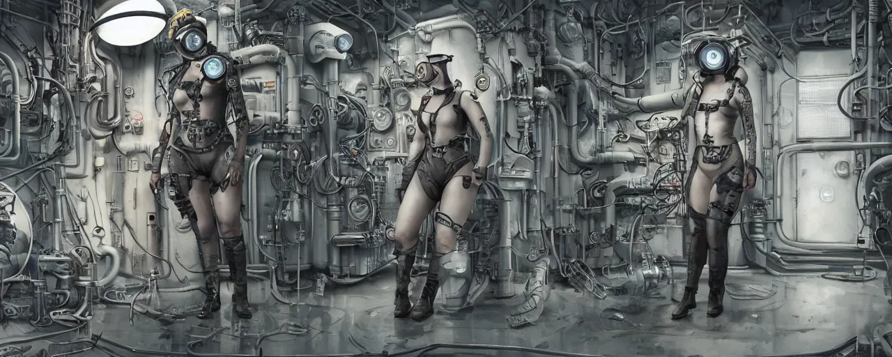 Image similar to illustration 3 / 4 portrait of tattooed stoic heroic emotionless butch blonde woman engineer with short slicked - back hair, wearing dark victorian goggles, working inside reactor room, awkward and uncomfortable and anxious, dirty, dynamic composition by ron cobb. industrial space program, scifi, hyper detailed. octane render. concept art. trending on artstation