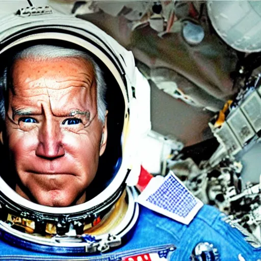Prompt: A dramatic up close shot of Joe Biden staring into the camera as an astronaut, extremely detailed award winning photo, surreal
