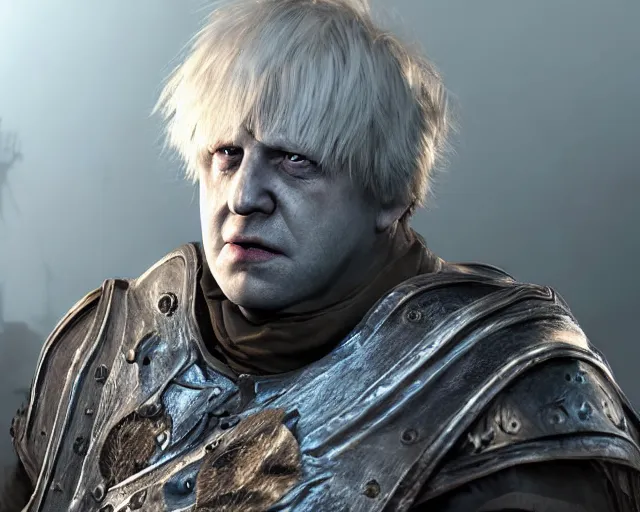 Image similar to boris johnson in dark souls, character art, by various concept artists, redshift render, hyperrealistic face, photorealistic render