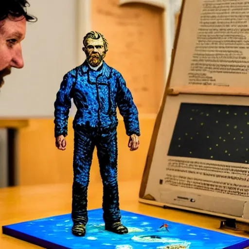 Image similar to prisoner vincent van gogh standing next to his painting starry night which is on an easel, stop motion vinyl action figure, plastic, toy, butcher billy style
