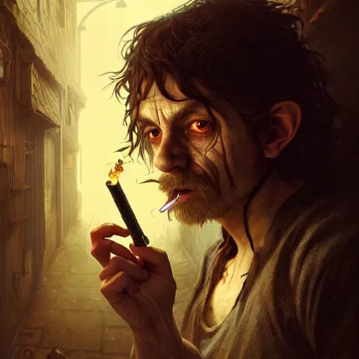 Image similar to Drug addict hobbit with crazy eyes smoking in a dark alley, ultra realistic, concept art, intricate details, dark, highly detailed, photorealistic, octane render, 8k, unreal engine, art by artgerm and greg rutkowski and alphonse mucha