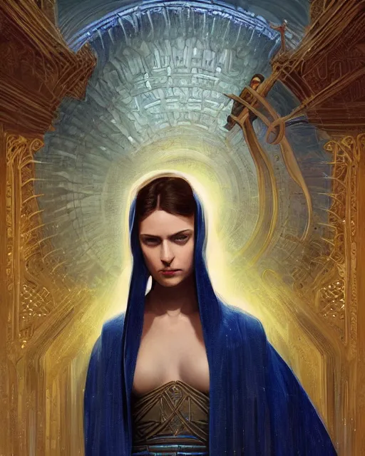 Image similar to portrait of saint alia atreides of the knife, big blue fully blue eyes, science fiction, frank herbert, intricate, elegant, highly detailed, digital painting, artstation, concept art, sharp focus, illustration, art by artgerm and greg rutkowski and alphonse mucha