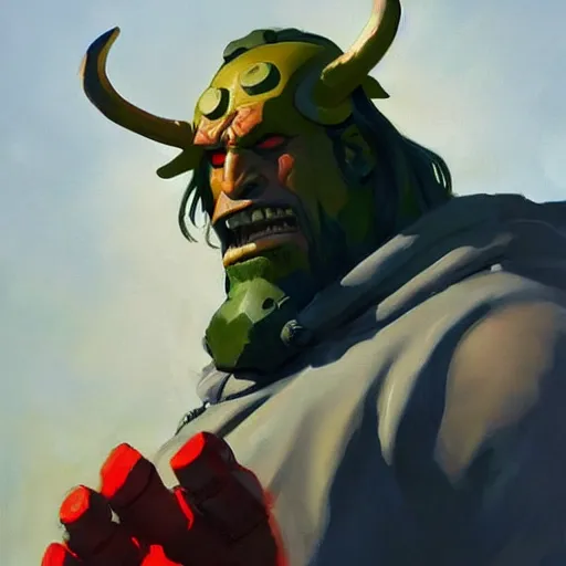 Image similar to greg manchess portrait painting of the hellboy as overwatch character, medium shot, asymmetrical, profile picture, organic painting, sunny day, matte painting, bold shapes, hard edges, street art, trending on artstation, by huang guangjian and gil elvgren and sachin teng